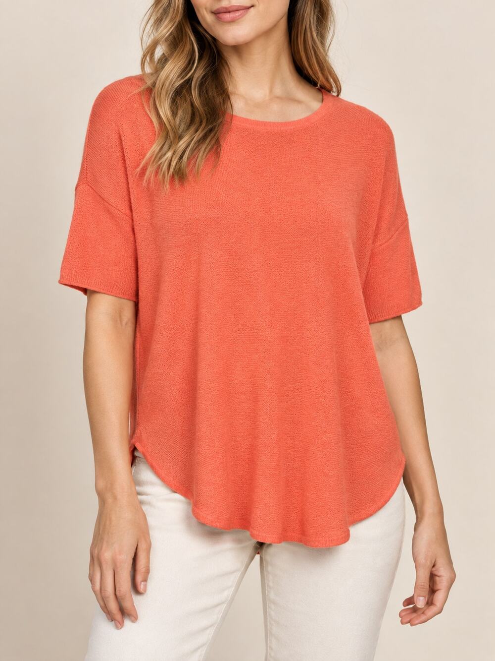 White + Warren Cashmere Sweater Top Womens Small Orange Short Sleeve Boxy Knit